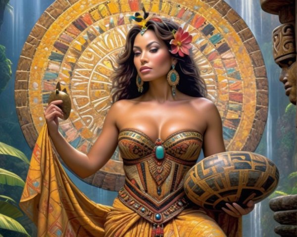 Woman in Golden-Brown Gown with Tropical Backdrop