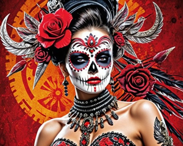 Elaborate Dia de los Muertos Figure with Roses and Jewelry