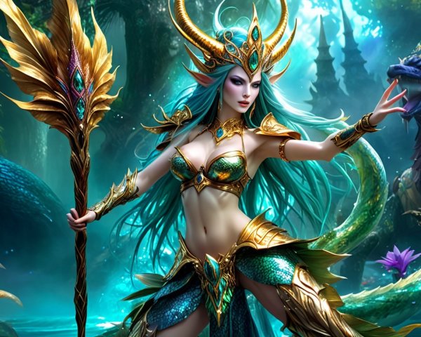 Fantasy Scene with Female Figure in Emerald Armor