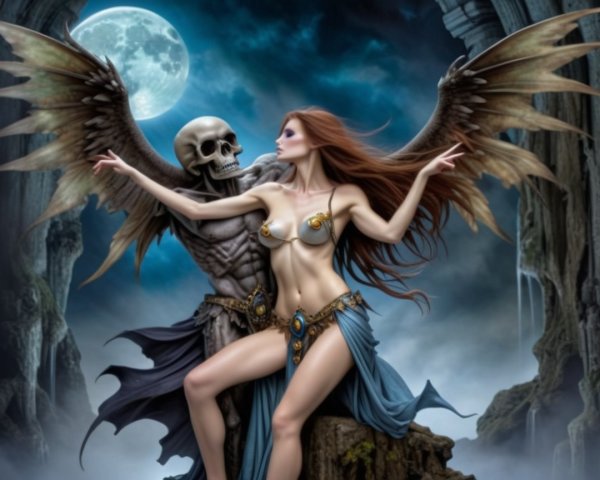Mystical Scene with Woman, Wings, and Skeletal Figure