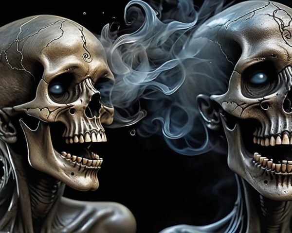 Stylized skulls with metallic sheen and glowing eyes