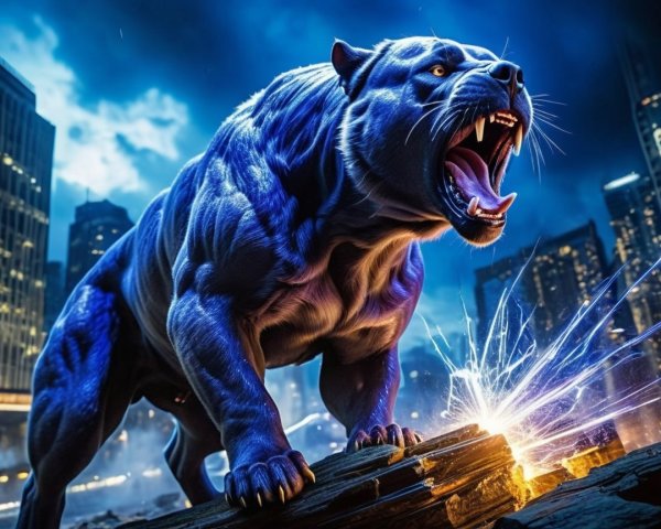 Majestic Blue Panther Roaring Over City Skyline