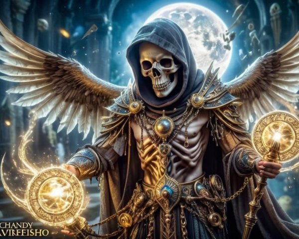 Skeletal Figure in Ornate Armor with Ethereal Wings