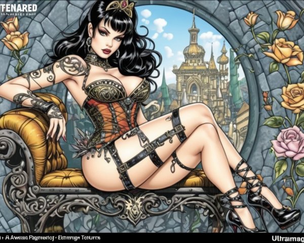 Tattooed Woman in Corset Surrounded by Fantasy Landscape
