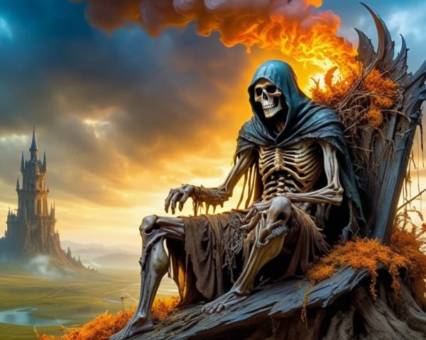 Skeletal Figure on Throne with Mystical Castle Background