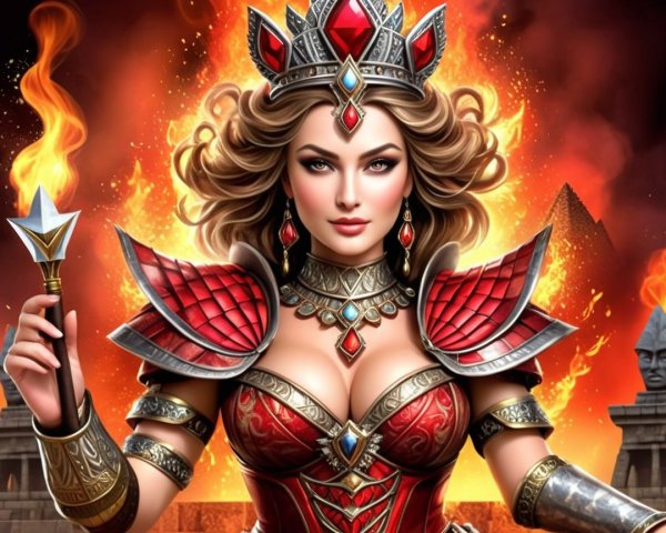 Regal figure in red and gold armor with flames backdrop