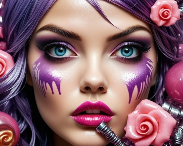 Close-up of a woman with purple hair and pink roses