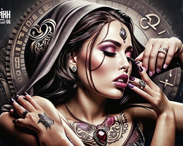 Elegant woman with tattoos and dark veil in mystique