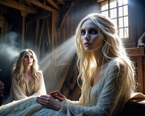 Ethereal Figures in Rustic Room with Sunlight and Haze