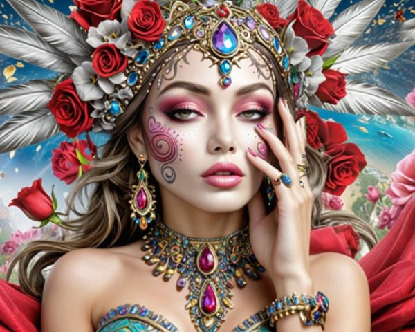 Elegant Woman with Feathered Headdress and Jewelry