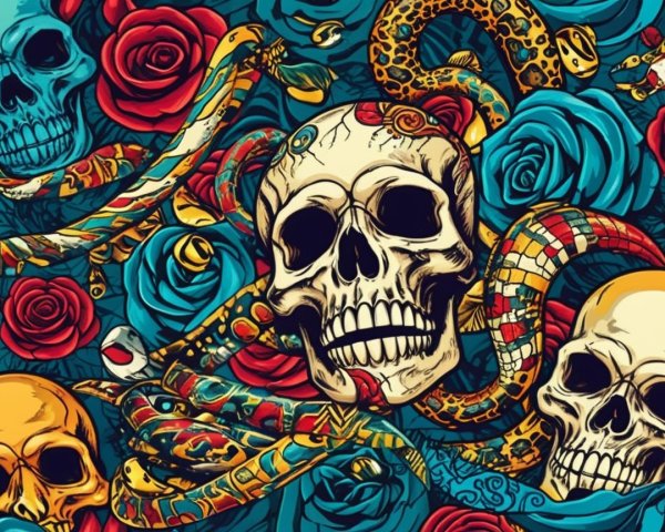 Vivid Blue Roses and Skulls with Intricate Snakes Design