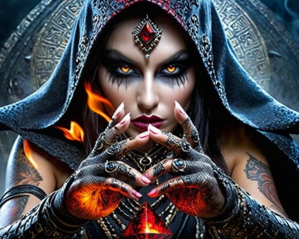 Mysterious Figure with Hood and Glowing Red Crystal