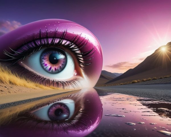 Surreal Landscape with Giant Colorful Eye and Twilight Sky