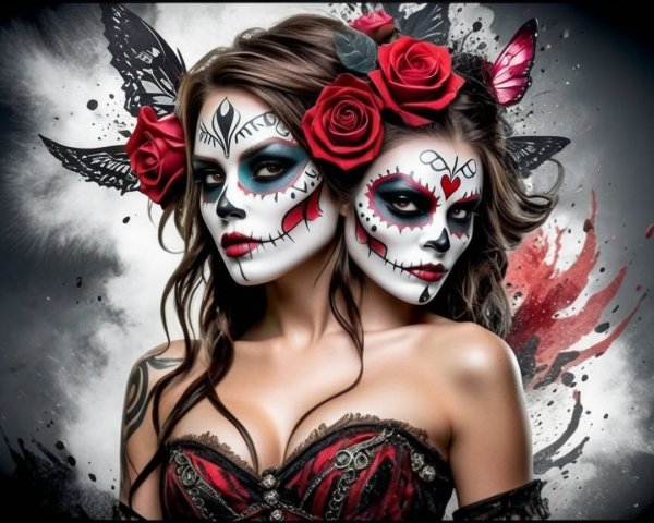Women with Sugar Skull Makeup and Floral Accents