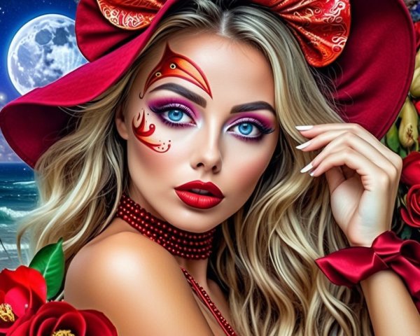 Portrait of a woman with bold makeup and red hat