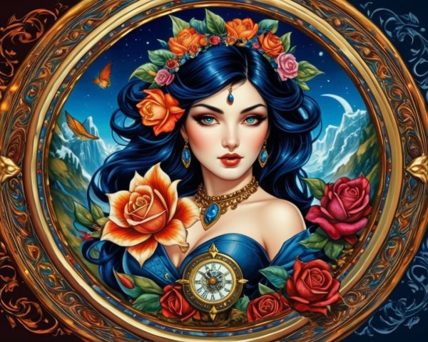 Elegant Woman with Blue Hair and Floral Adornments