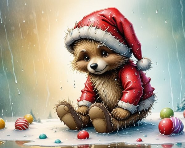 Fluffy Brown Teddy Bear Dressed as Santa on Wet Surface