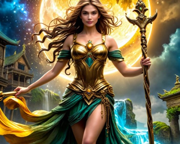 Fantasy Figure in Golden Armor in Mystical Landscape