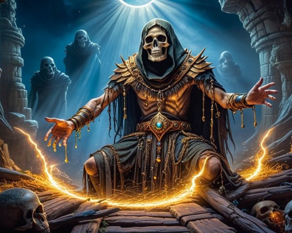 Mysterious Figure in Ancient Armor with Specters and Energy