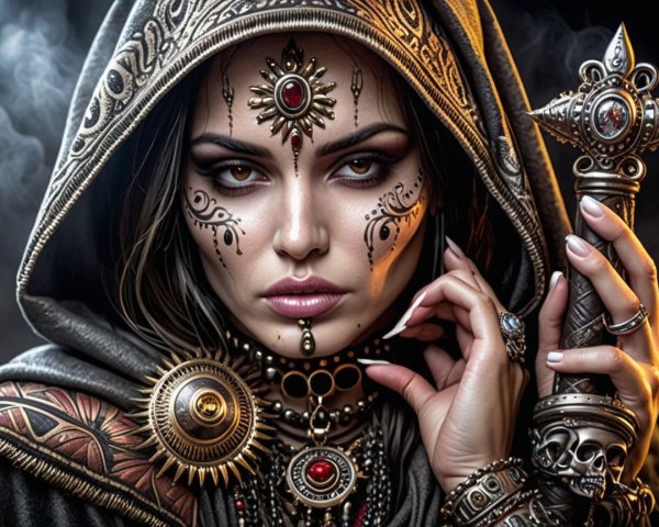 Woman in Hooded Cloak with Intricate Jewelry and Markings
