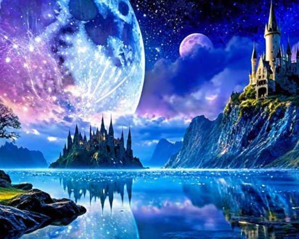 Magical Landscape with Lake, Castles, and Night Sky