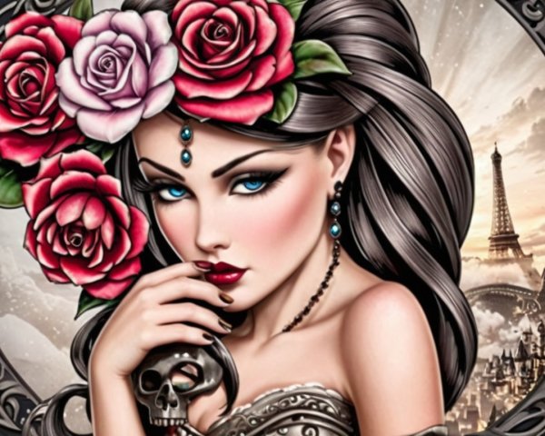 Illustration of a woman with roses and a skull backdrop