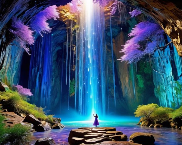 Mystical Cave with Vibrant Colors and Waterfalls of Light