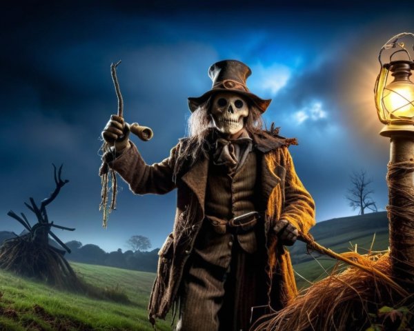 Sinister Figure in Eerie Landscape with Lantern