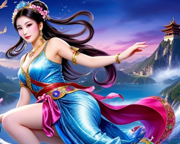 Elegant Woman in Traditional Dress Amidst Scenic Landscape