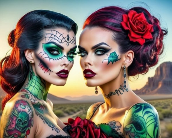 Women with Tattoos and Bold Makeup at Sunset