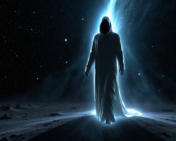 Mysterious Figure in Glowing Robe on Cosmic Landscape