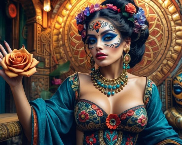 Elegant Woman in Vibrant Traditional Attire with Flowers