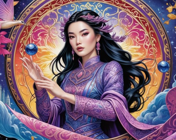 Mystical Woman in Purple Attire with Celestial Elements
