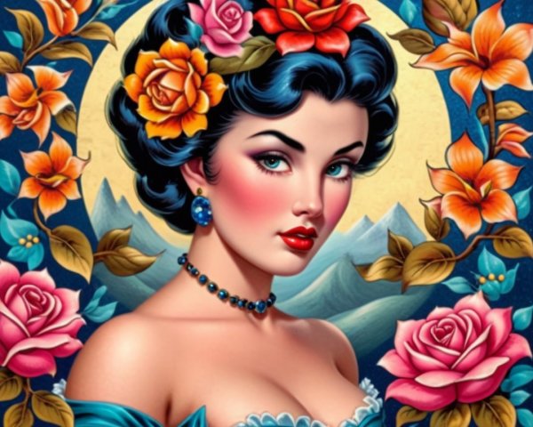 Vintage Illustration of Glamorous Woman with Blue Hair