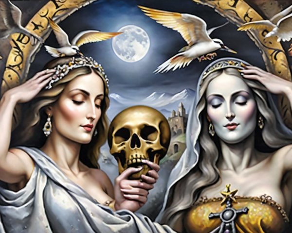 Elegantly Dressed Women in Mystical Moonlit Scene