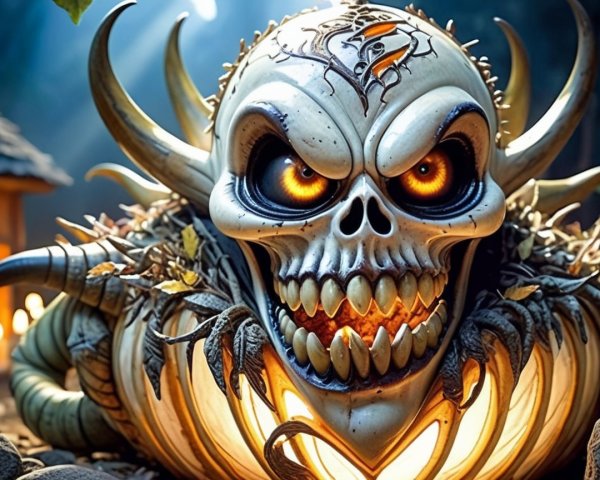 Menacing creature with skull face in eerie forest