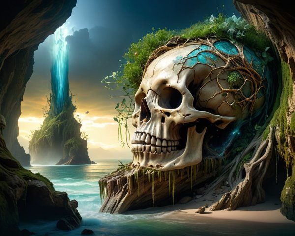 Weathered Skull in Tropical Landscape with Waterfall