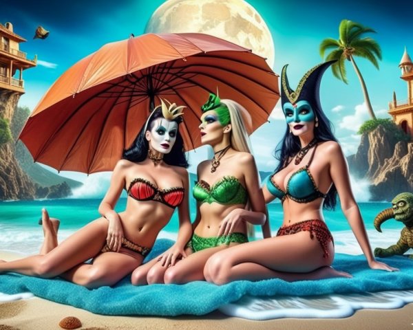 Glamorous Women in Themed Swimwear on Beach at Night