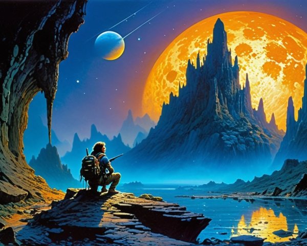 Lone Figure on Rocky Shore Under Vibrant Moonlight