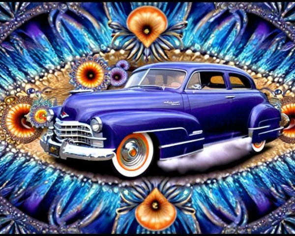 Vintage Purple Car in a Psychedelic Floral Setting