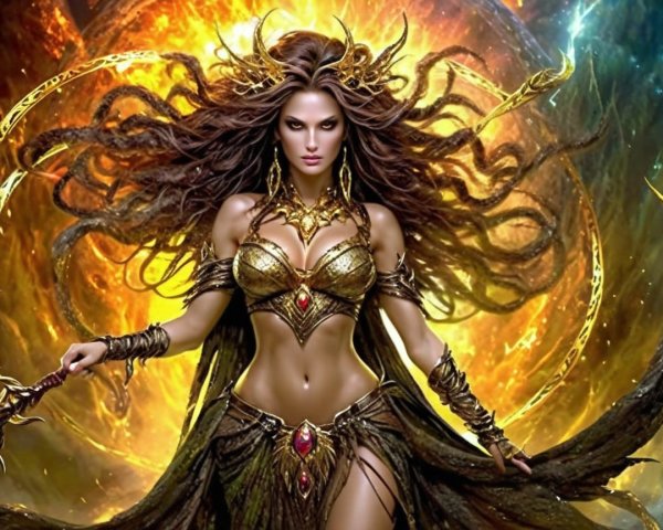 Ethereal Woman in Golden Armor Against Cosmic Backdrop