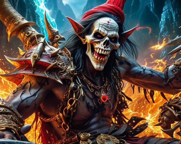 Skeletal warrior in armor amidst a fiery landscape