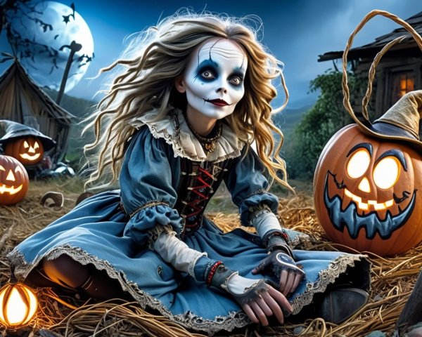 Whimsical Halloween Scene with Skull Face and Pumpkins