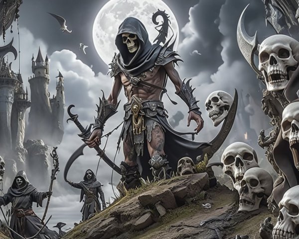 Skeletal Figure in Cloak with Scythe Under Full Moon