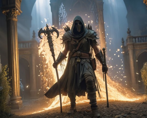 Cloaked Figure in Dimly Lit Ornate Hall with Flames