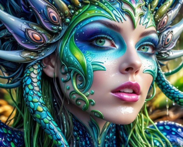 Portrait of a woman with vibrant marine-inspired body art