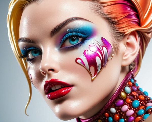 Close-up of Model with Artistic Makeup and Floral Patterns