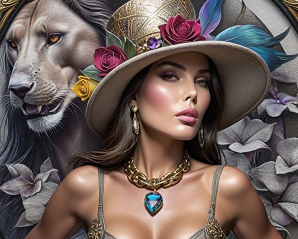 Glamorous Woman with Lion and Floral Background