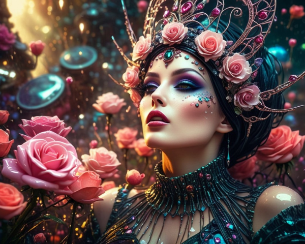 Elegant woman in crown amidst blooming roses