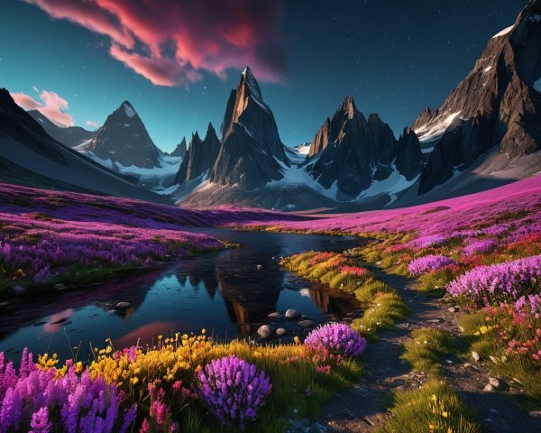 Majestic Mountain Landscape with Serene Pond and Flowers